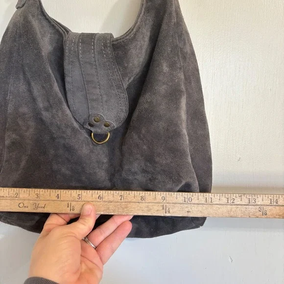 Y2K ABACO Paris Genuine Grey Suede Leather Shoulder Bag With Rivets 90's Hobo - Picture 3 of 9